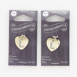 Charm, gold-finished "pewter" (zinc-based alloy) / steel / acrylic rhinestone, clear, 15.5x15mm single-sided puffed heart with letter "L." Sold per pkg of 2.