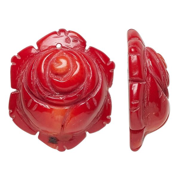 Focal, coral (dyed), red, 25x24mm-30x27mm hand-carved rose, Mohs hardness 3-1/2 to 4. Sold individually. image number 0