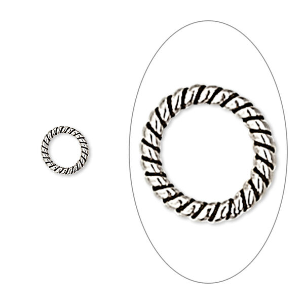 Jump ring, antiqued sterling silver, 7mm soldered twisted round, 5.3mm inside diameter, 18 gauge. Sold per pkg of 8. image number 0