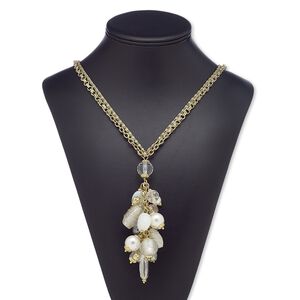 Necklace, 2-strand, glass / acrylic / acrylic pearl / gold-coated acrylic / gold-finished steel, clear and white, 5-inch dangle, 28-inch continuous loop. Sold individually.