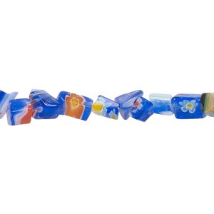 Bead, millefiori glass, translucent cobalt blue and multicolored, small chip. Sold per 35-inch strand.