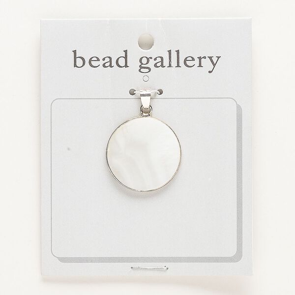 Pendant, silver-finished brass and mother-of-pearl shell (natural), 16mm round. Sold individually. image number 0