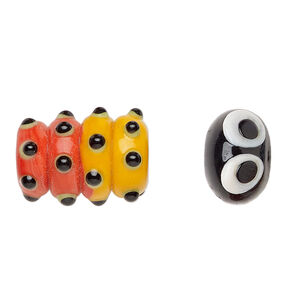 Bead, lampworked glass 2pkg2, multicolored, 17x12mm/24x18mm caterpillar head and body.