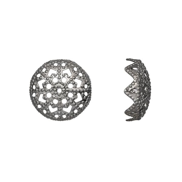 Bead cap, gunmetal-plated brass, stamped, 15x5mm fancy round with cutout pattern and triangle sides, fits 15-20mm bead. Sold per pkg of 20. image number 0