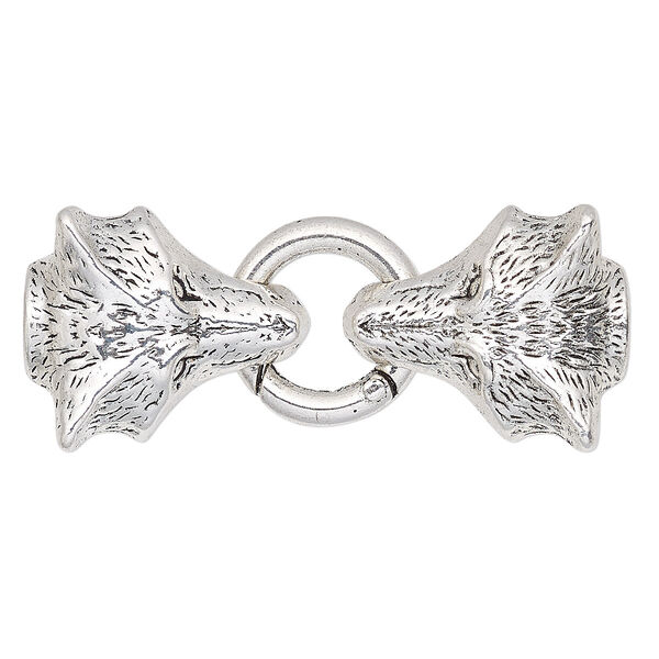 Clasp, self-closing hook, antique silver-finished "pewter" (zinc-based alloy), 57x23mm with 27x22.5mm wolf head and 20mm jump ring with glue-in ends, 8.5mm inside diameter. Sold individually. image number 0