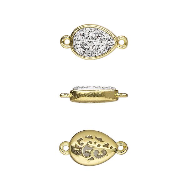 Link, Druzylite™, "druzy" (resin) and gold-finished brass, silver, 11.5x8.5mm two-sided teardrop with open filigree back. Sold per pkg of 4. image number 0