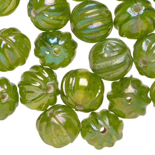 Bead, lampworked glass, translucent light green luster, 12mm corrugated round. Sold per 2-ounce pkg, approximately 20 beads. image number 0