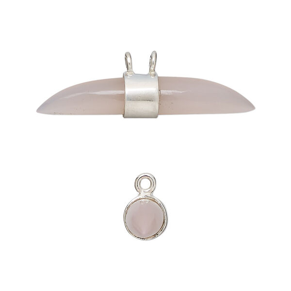 Focal, pink chalcedony (dyed) and sterling silver, 33x6mm-36x7mm hand-cut double point with 2 loops, Mohs hardness 6-1/2 to 7. Sold individually. image number 0