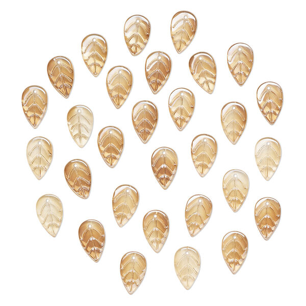 Drop, pressed glass, translucent champagne luster, 18 x 11mm pressed leaf, top-drilled. Sold per pkg of 30. image number 0