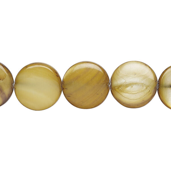 Mother-of-pearl shell 1pkg1, puffed flat round bead 15 inch golden olive 12-13mm image number 0