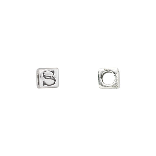 Bead, sterling silver, 5.5mm cube with alphabet letter "S." Sold individually. image number 0
