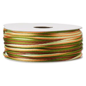 Cord, Satinique™, nylon, brown / greens / orange, 2mm regular with vertical stripe. Sold per 100-foot spool.