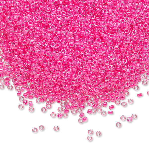 Seed bead, Miyuki, glass, pkg/35g, #15 rocaille, translucent luminous inside dyed color pink, (RR-4301). image number 0