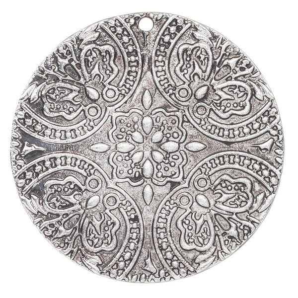 Focal, antique silver-plated "pewter" (zinc-based alloy), 42mm single-sided fancy round. Sold per pkg of 2. image number 0
