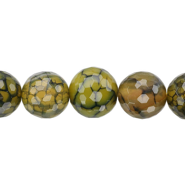 Bead, fire crackle agate (dyed / heated), green, 12mm faceted round, B grade, Mohs hardness 6-1/2 to 7. Sold per 8-inch strand, approximately 15 beads. image number 0
