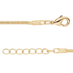 Chain, gold-finished brass, 2mm snake, 7-1/2 inches with 1-1/4 inch extender chain and lobster claw clasp. Sold per pkg of 6.
