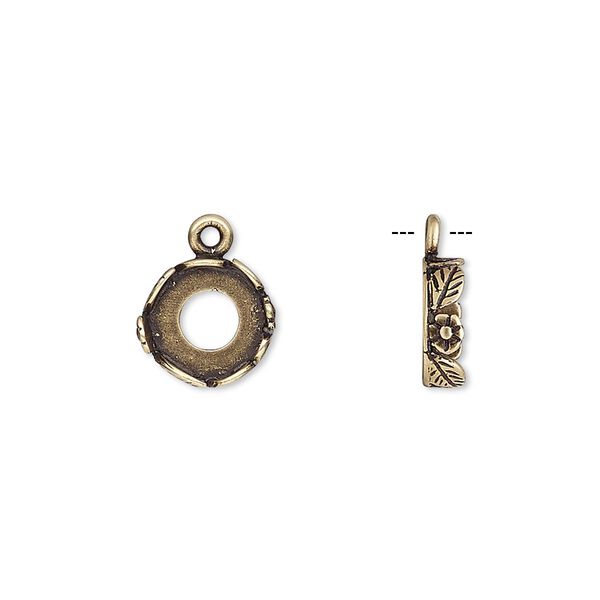 Drop, JBB Findings, antiqued brass, 9.5mm round with open back and flower and leaf design trim, 8mm round bezel setting. Sold per pkg of 2. image number 0