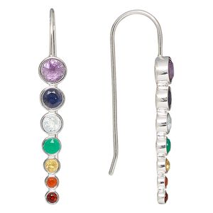 Earring, multi-gemstone (natural / dyed / heated / irradiated) and sterling silver, multicolored, 39mm with fishhook ear wire, 19 gauge. Sold per pair.