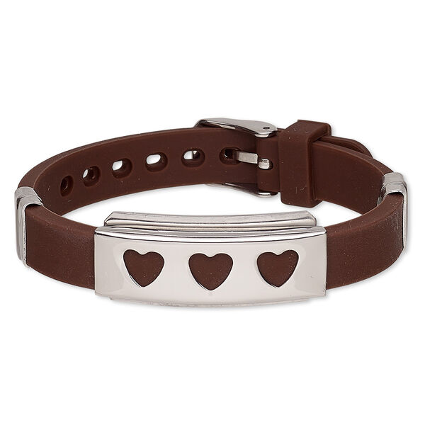 Bracelet, Softique™, silicone and stainless steel, brown, 16mm wide with 39x16mm rectangle and cutout hearts, adjustable from 5-1/2 to 7-1/2 inches with buckle-style closure. Sold individually. image number 0