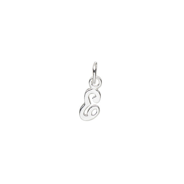 Charm, sterling silver, 8x4mm Champagne cursive alphabet letter "E." Sold individually. image number 0