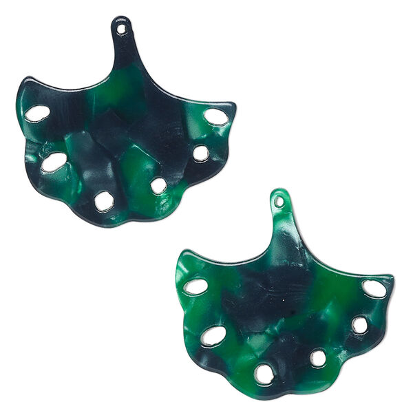 Charm, resin, green and dark green, 23x22mm ginkgo leaf with cutouts. Sold per pkg of 8. image number 0