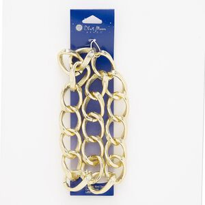 Chain, gold-finished "pewter" (zinc-based alloy), 23mm textured curb. Sold per pkg of 18 inches.