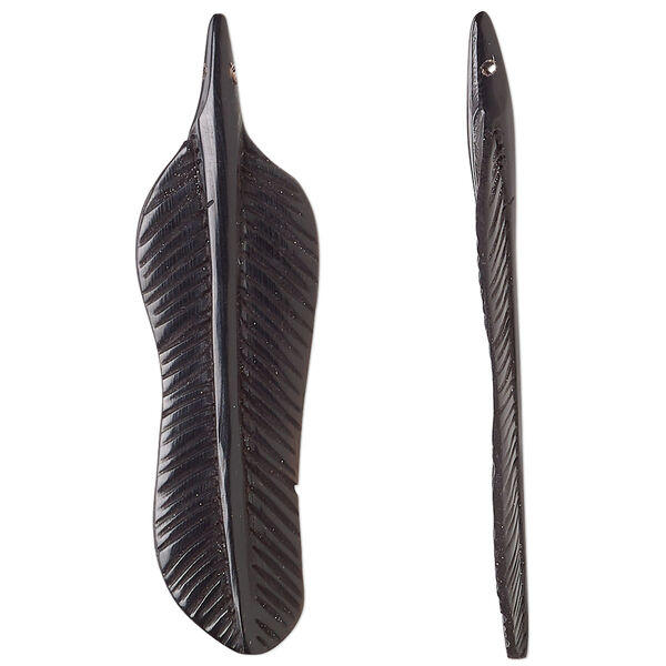 Focal, horn, 43x12mm hand-cut side-drilled 2-sided carved feather. Sold individually. image number 0