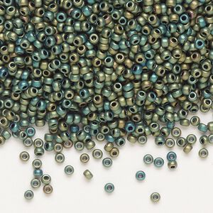 Seed bead, Miyuki, glass, pkg/25g, #11 rocaille, opaque matte metallic iris green patina (RR-2067).