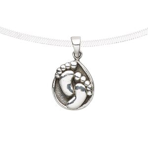 Pendant, antiqued fine silver, electroformed, 15x13mm single-sided teardrop with footprints design. Sold individually.