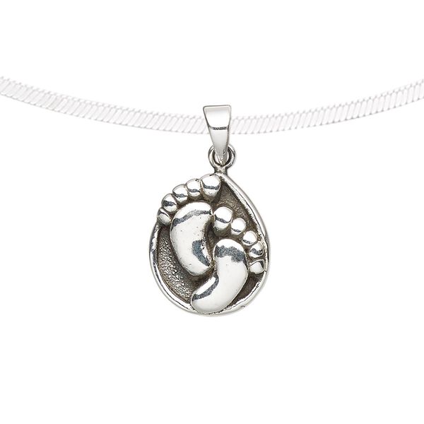 Pendant, antiqued fine silver, electroformed, 15x13mm single-sided teardrop with footprints design. Sold individually. image number 0