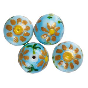 Bead, lampworked glass, opaque white / turquoise blue / metallic gold, 15-13mm round with painted flower design. Sold per pkg of 4.