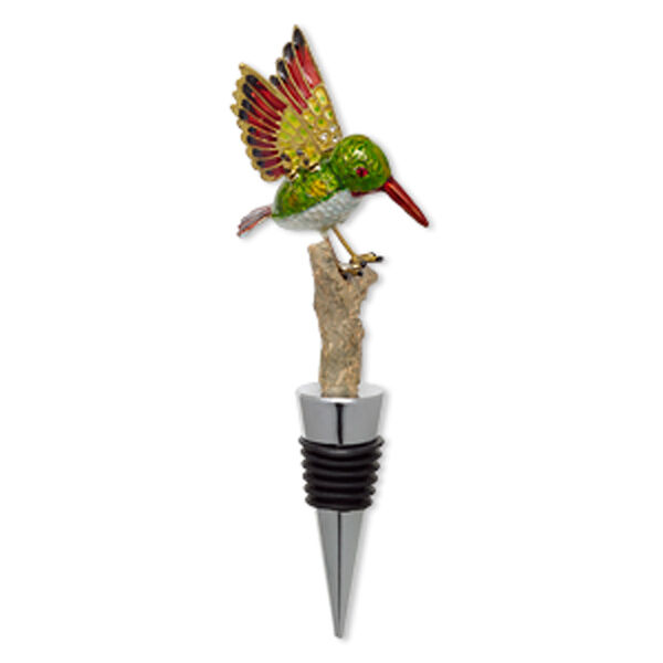 Bottle stopper, cloisonné, acrylic / rubber / silver-plated "pewter" (zinc-based alloy), multicolored, 6x1-1/4 inches with 61x40mm hummingbird on branch. Sold individually. image number 0