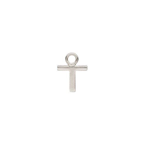 Charm, sterling silver, 9x8mm single-sided modern square alphabet letter T. Sold individually. image number 0
