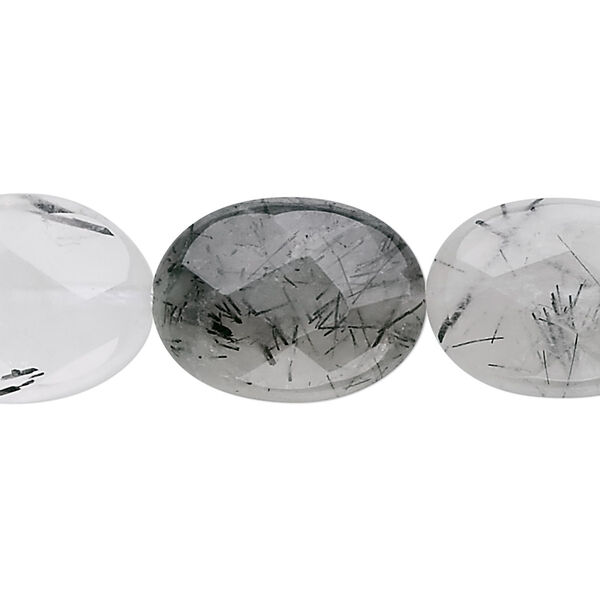 Bead, tourmalinated quartz (natural), 20x15mm faceted oval, B grade, Mohs hardness 7. Sold per 15-1/2" to 16" strand. image number 0