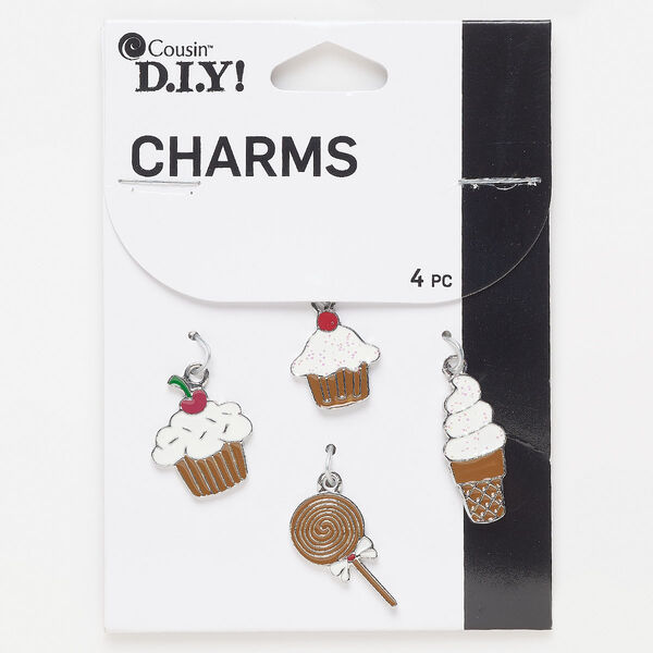 Charm, silver-finished "pewter" (zinc-based alloy) / enamel / glitter, multicolored, assorted sweets. Sold per pkg of 4. image number 0