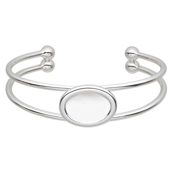 Bracelet, cuff, silver-plated brass and "pewter" (zinc-based alloy), 65x18mm with 18x13mm oval setting, adjustable. Sold individually. image number 0