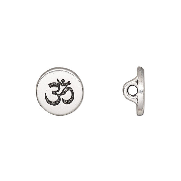 Button, TierraCast®, antique silver-plated pewter (tin-based alloy), 12mm flat round with Om symbol and loop. Sold per pkg of 2. image number 0