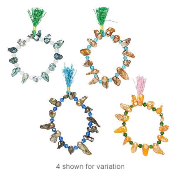 Bracelet, stretch, cultured freshwater pearl (bleached / dyed) / glass / nylon, multicolored, 6-25mm wide with tassel, 7 inches. Sold individually. image number 0