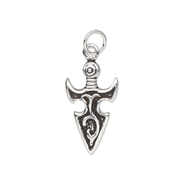 Charm, antiqued sterling silver, 19x11mm double-sided arrowhead with tribal design and 5mm soldered jump ring. Sold individually. image number 0