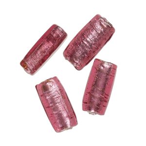 Bead, lampworked glass, opaque pink, 24x12mm-23x11mm flat tube with silver-colored foil. Sold per pkg of 4.