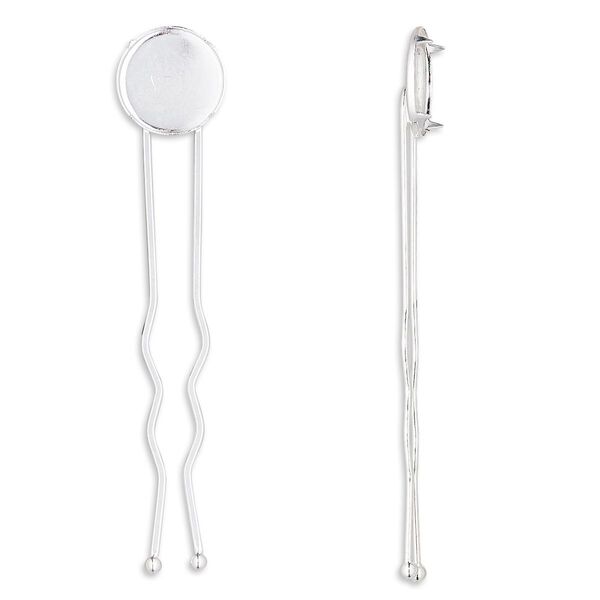 Hairpin, silver-plated brass, 3 inches with 14mm round flat pad. Sold per pkg of 10. image number 0