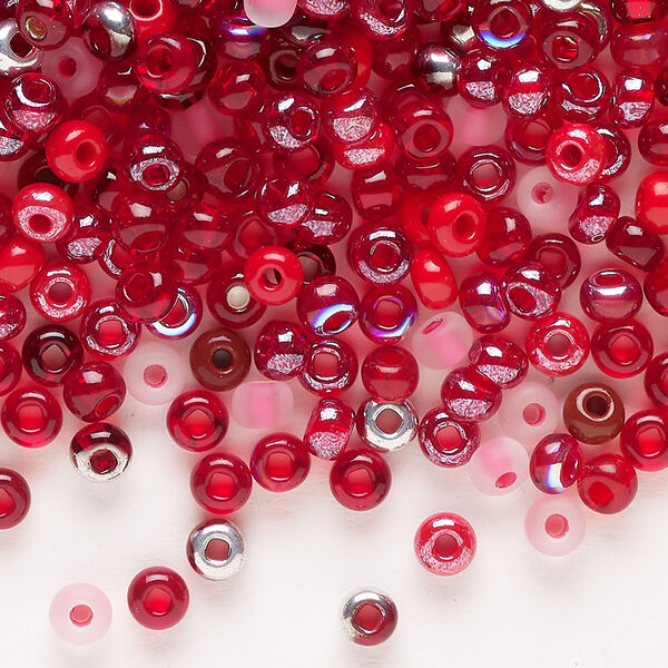 Seed bead mix, glass, pkg/100g, #6 rocaille, opaque and translucent multi-red. image number 0