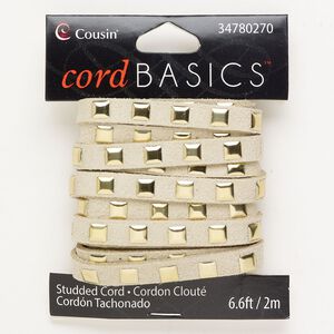 Cord 1pkg1 suede / aluminum, 7mm studded flat, 2 meter beige / gold finish