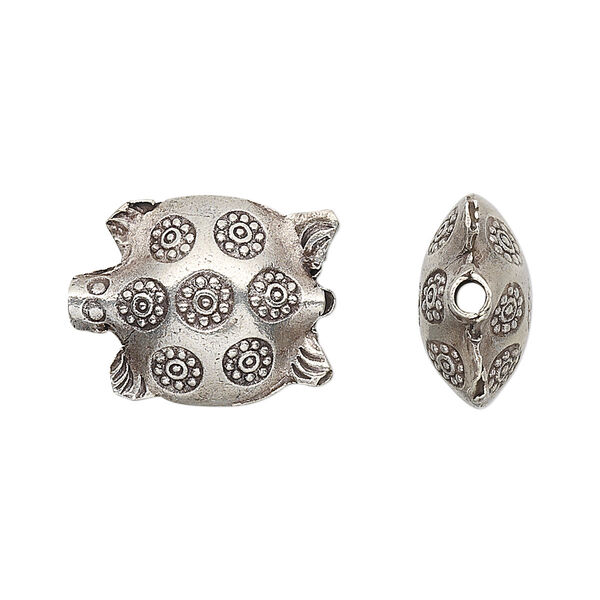 Bead, Hill Tribes, antiqued sterling silver, 19.5x15mm puffed turtle with flowers. Sold individually. image number 0