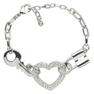 Bracelet, glass rhinestone with rhodium-finished steel and "pewter" (zinc-based alloy), clear, 22x14.5mm lock / 30x26mm open heart / 32x16mm key, 6 inches with 2-inch extender chain and lobster claw clasp. Sold individually.