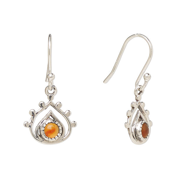 Ear wire, Create Compliments®, antiqued sterling silver and carnelian (dyed/heated), fishhook, 26.5mm with 13x12.5mm single-sided open teardrop, 21 gauge. Sold per pair. image number 0