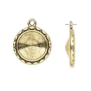 Drop, Almost Instant Jewelry®, antique gold-finished "pewter" (zinc-based alloy), 19mm round with scalloped design and 14mm rivoli setting. Sold per pkg of 6.
