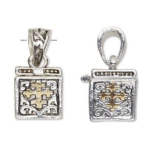 Drop, antique silver- and gold-finished "pewter" (zinc-based alloy), 16x13mm cube prayer box with cross and swirl design with magnetic closure. Sold individually.