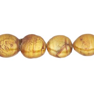 Pearl, cultured freshwater pearl (dyed), copper, 11-14mm flat round, Mohs hardness 2-1/2 to 4. Sold per 15-inch strand, approximately 30 beads.