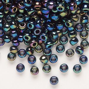 Seed bead, Miyuki, glass, pkg/25g, #6 rocaille, opaque rainbow black (RR-455).